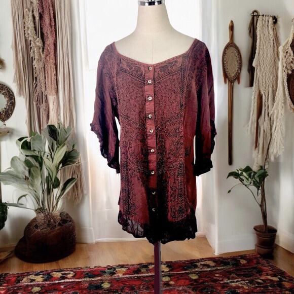 Himalayan Tops - Himalayan Boho Tunic Top Burgundy Black Soutache Lace Embroidery